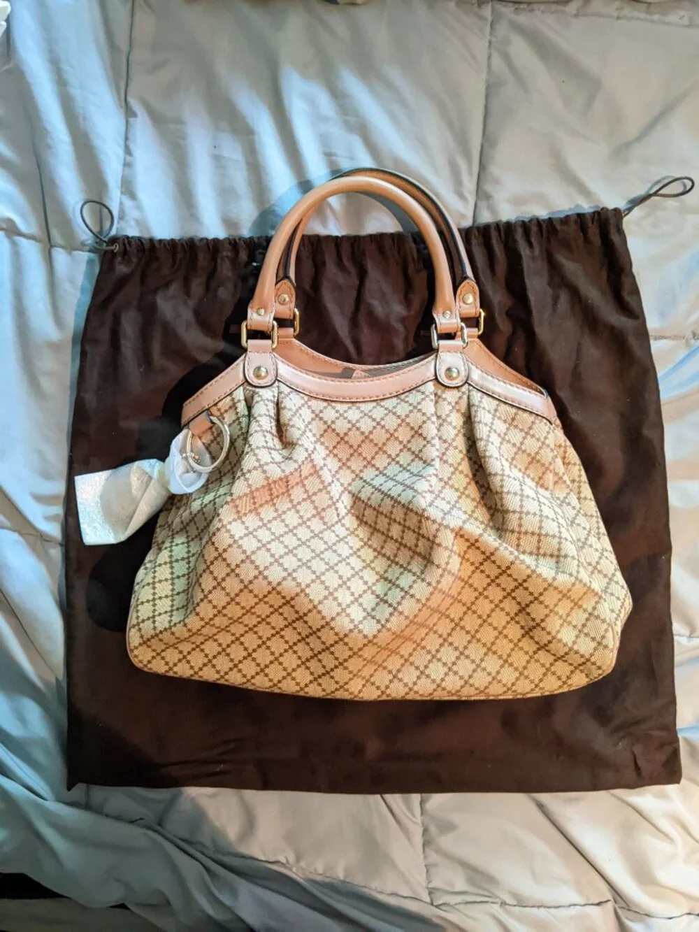 New Authentic Gucci Beige Diamante Medium Sukey Tote Canvas Leather Powder Pink